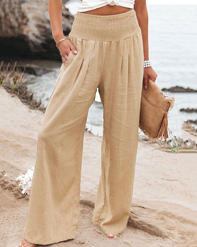 

Gathered Waist Pocket Design Wide Leg Pants, Khaki