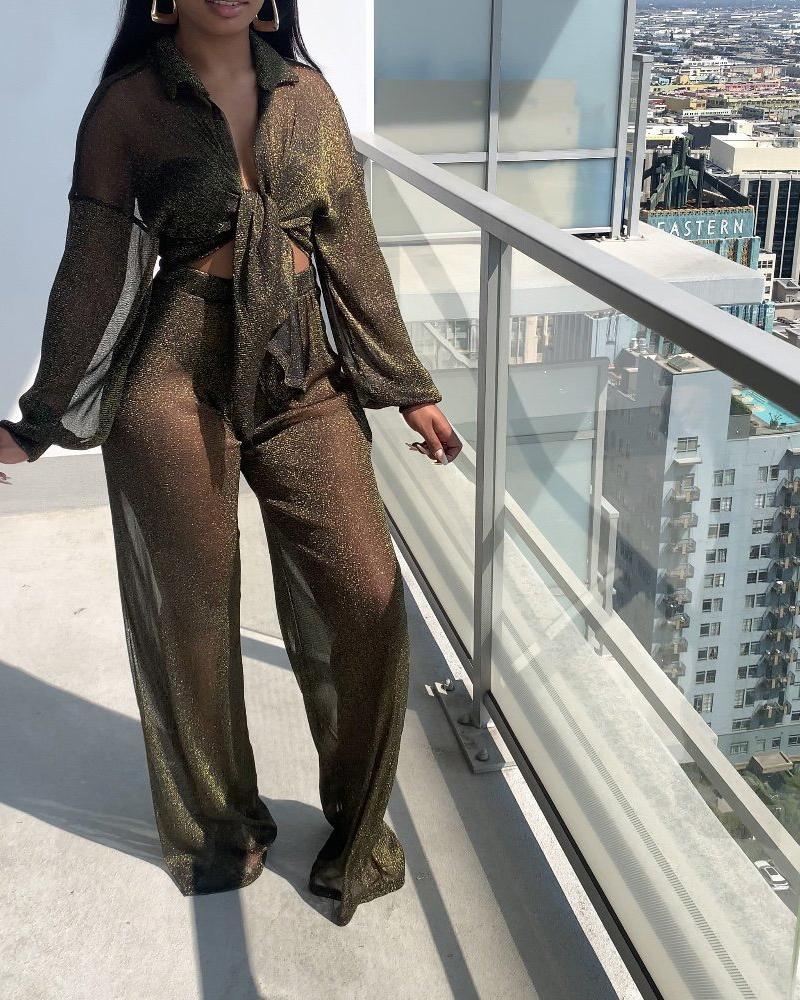 

See Through Collared Knot Front Drop Shoulder Crop Top & Wide Leg Pants Set, Gold