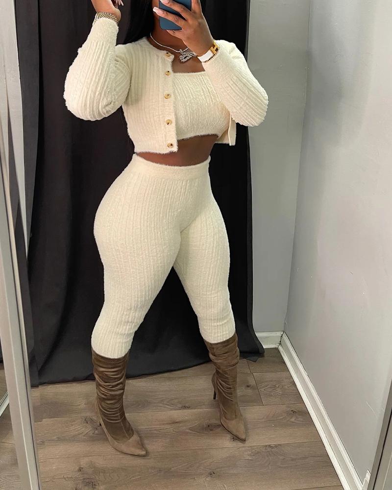 

3PCS Bandeau Crop Top & Pants Set With Cardigan, White