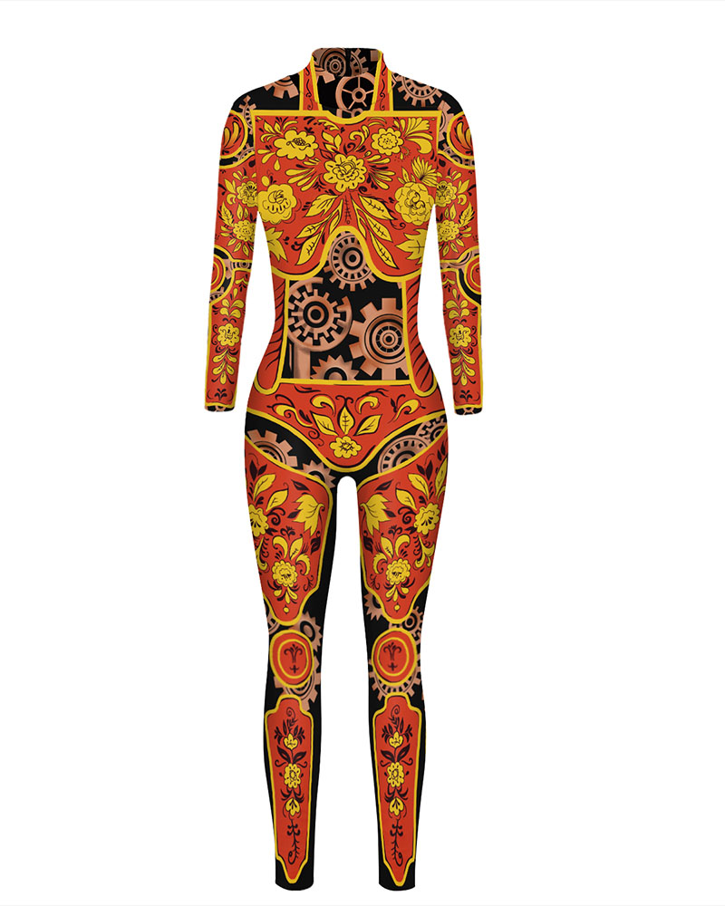 

Long Sleeve Graphic Print Skinny Halloween Costume Jumpsuit, Style3