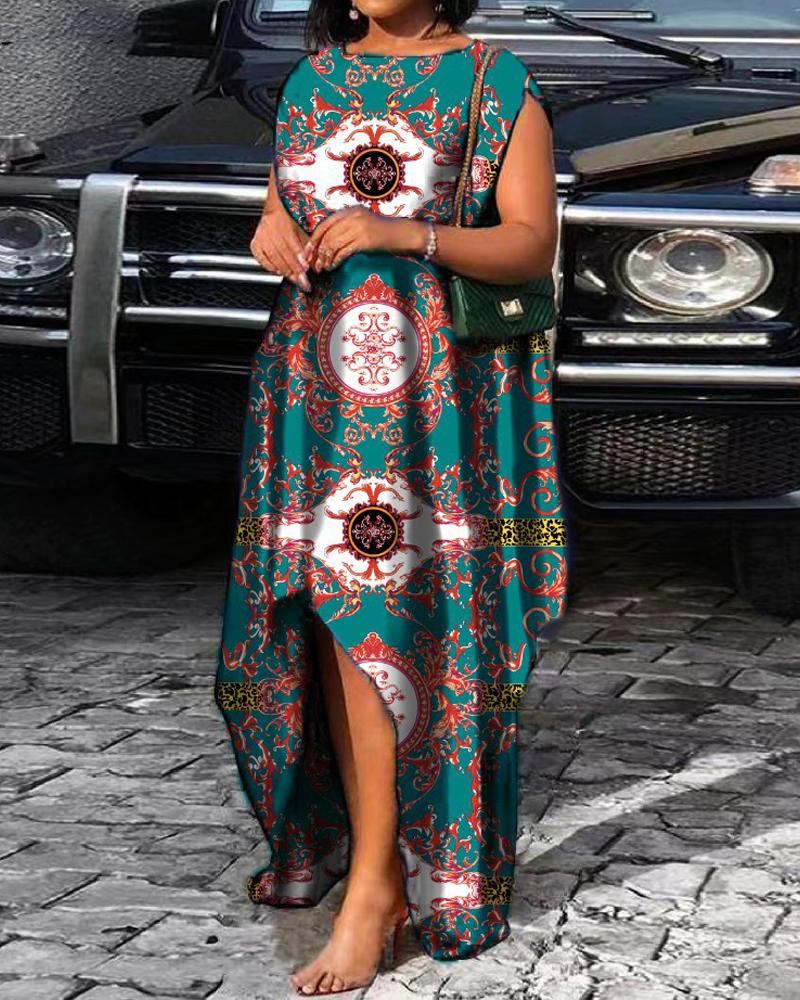 

Plus Size Baroque Print Dip Hem Sleeveless Casual Dress, Green