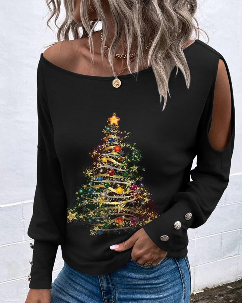 

Christmas Tree Print Cold Shoulder Top, Black