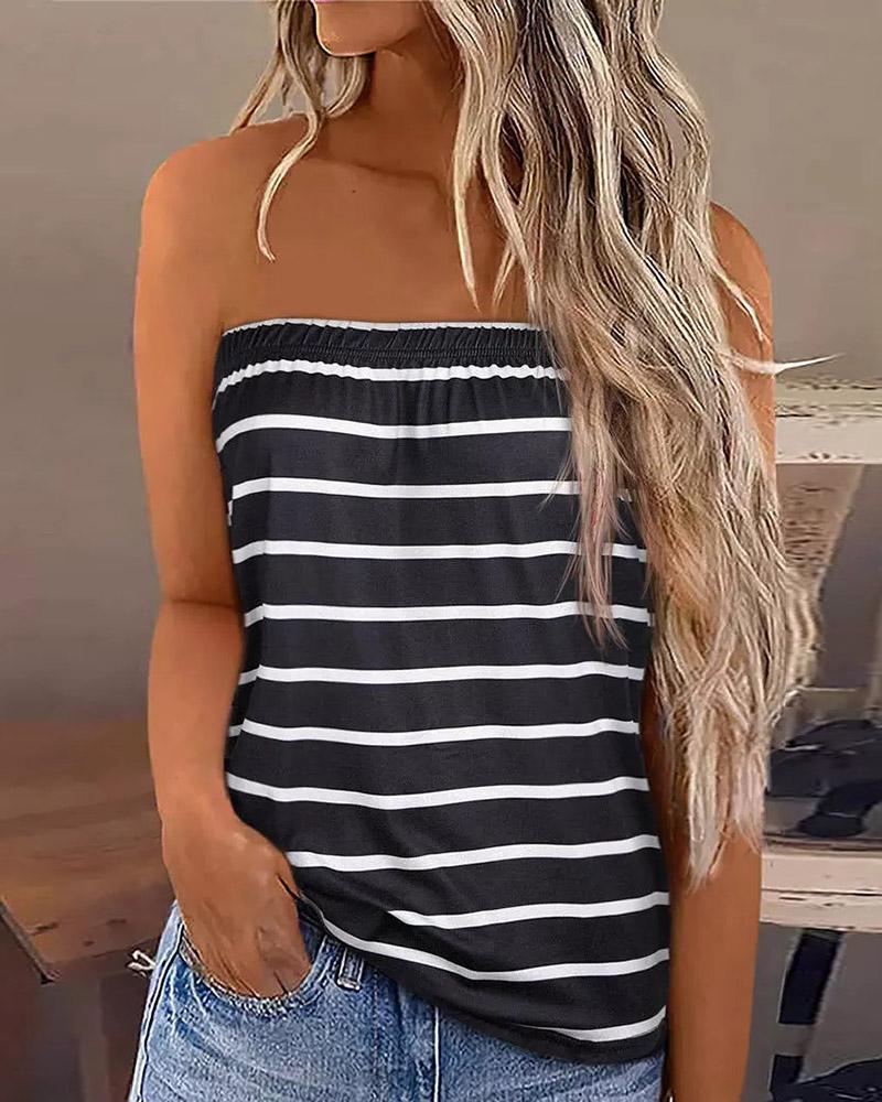 

Striped Print Strapless Bandeau Tank Top, Black