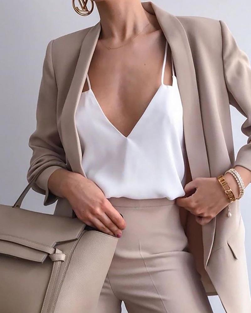 

Long Sleeve Pocket Decor Blazer Coat, Khaki
