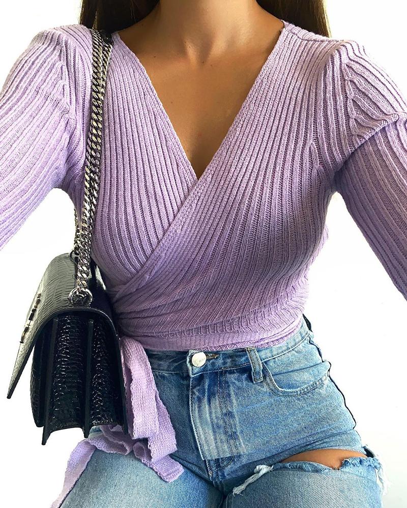 

Surplice Knotted Design Long Sleeve Sweater, Purple