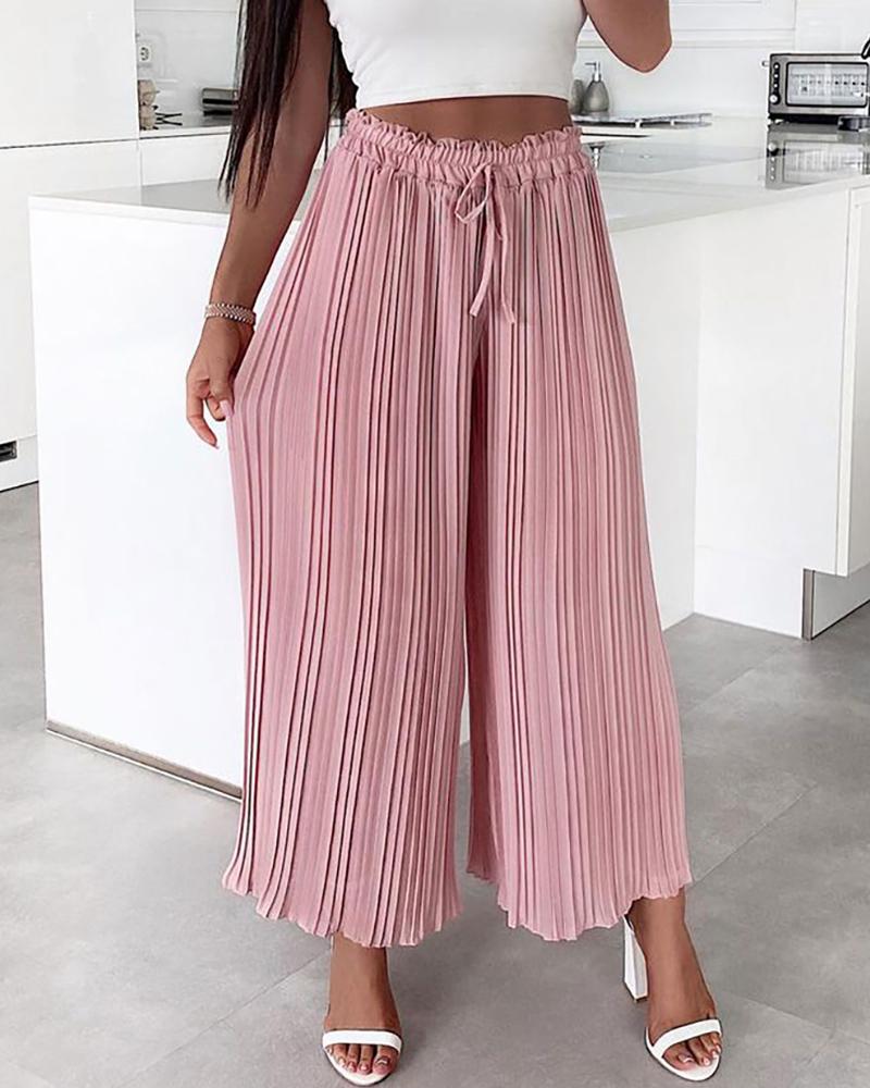 

Frill Hem Drawstring Pleated Wide Leg Pants, Pink