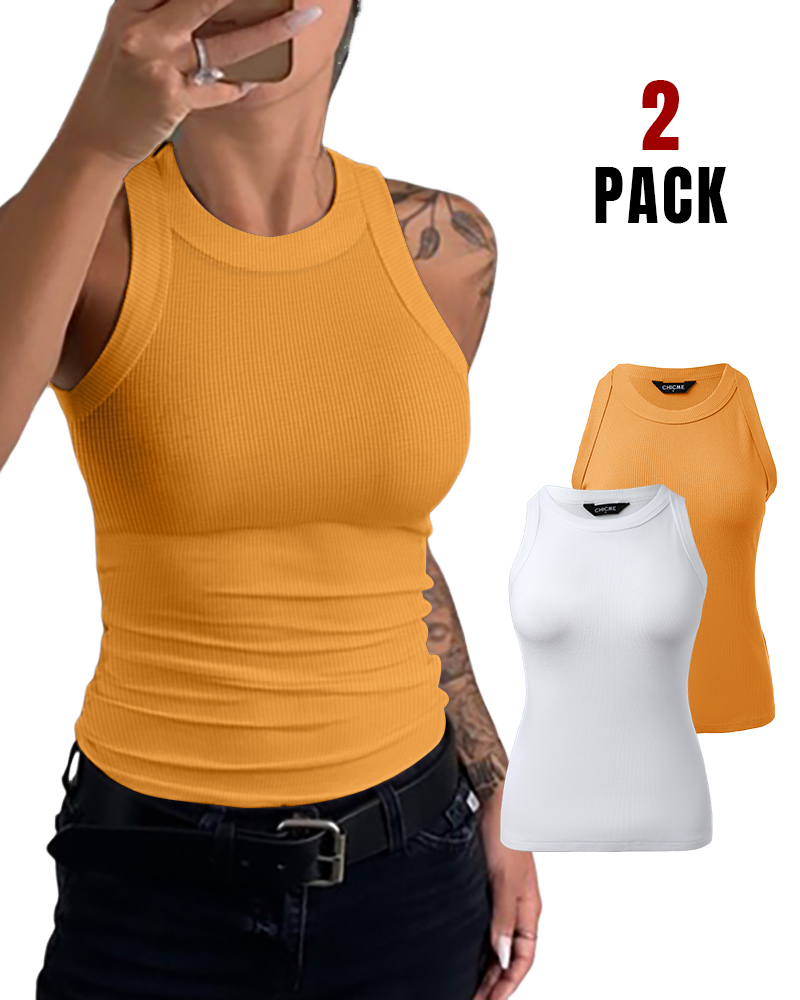 

2-Pack Round Neck Thick Strap Racerback Ribbed Tank Slim Fit Tops without Bra Pads, Style6