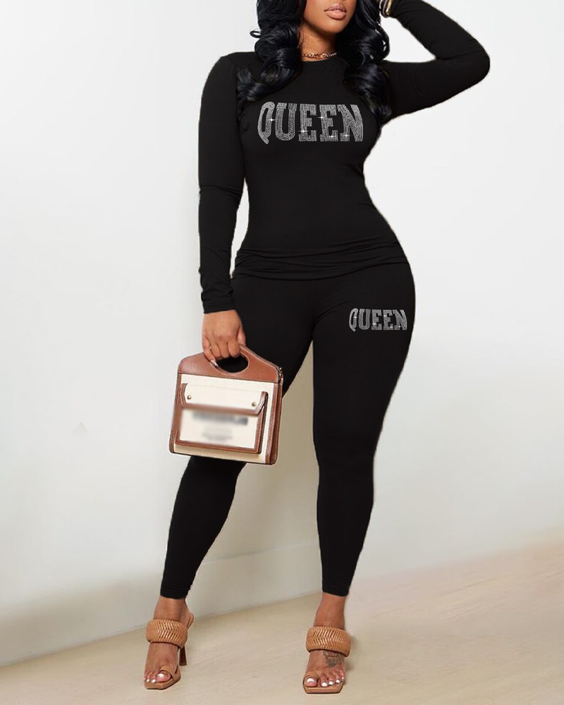 

Rhinestone Letter Pattern Long Sleeve Top & Pants Set, Black