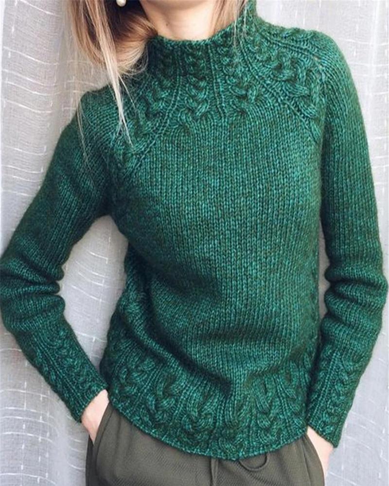 

Long Sleeve Mock Neck Casual Braided Sweater, Green