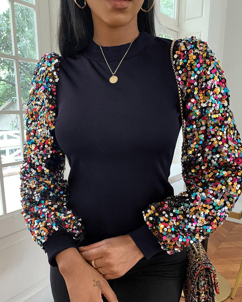

Mock Neck Lantern Sleeve Sequins Colorblock Insert Blouse, Dark blue