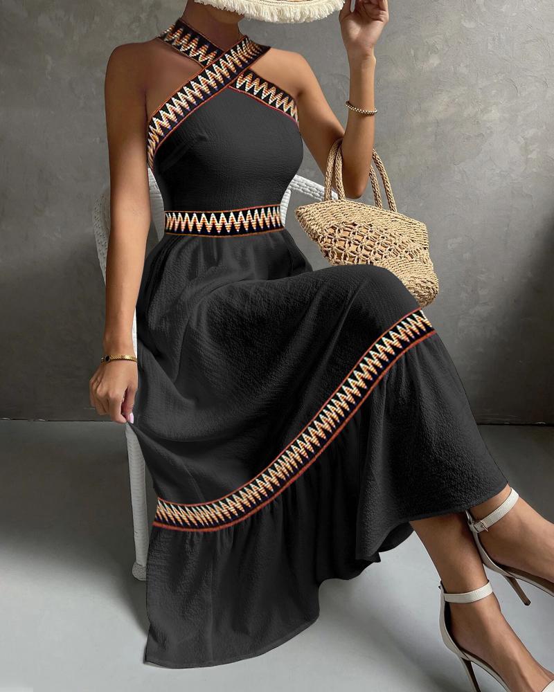 

Geometric Print Patchwork Sleeveless Maxi Dress, Black