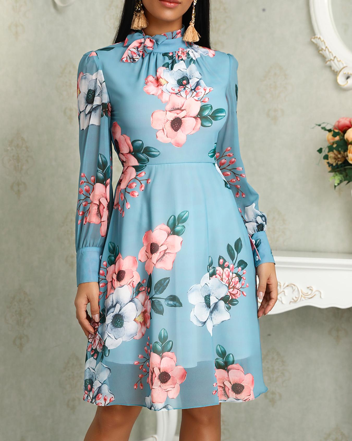

Floral Print Long Sleeve Tied Neck Women Dress, Blue