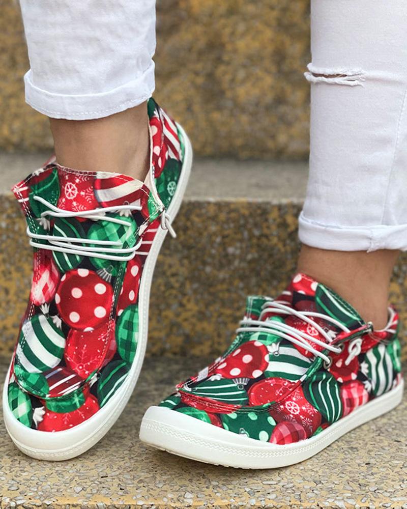 

Christmas Lace-up Graphic Print Canvas Slip-On, Green