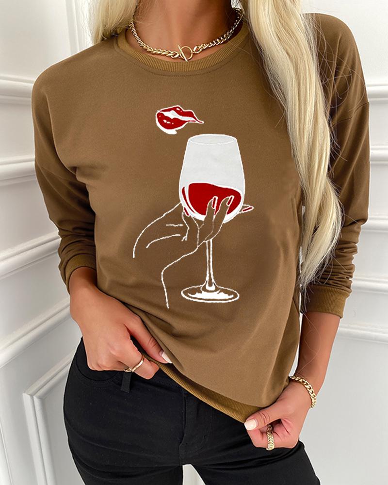 

Wine Glasses Print Long Sleeve Top, Coffee