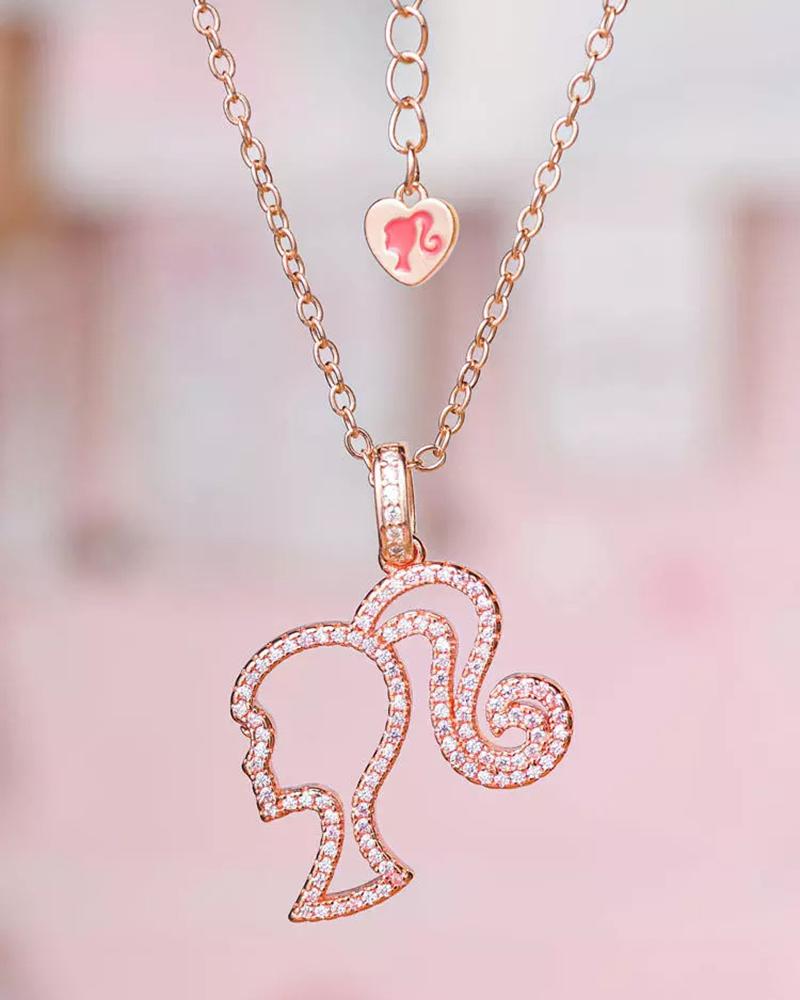

1pc Hollow Rhinestone Barbie Head Shaped Pendant Necklace, Pink