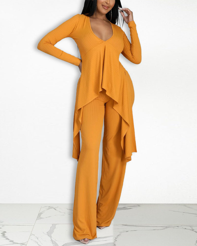 

Long Sleeve Asymmetrical Top & Pants Set, Yellow