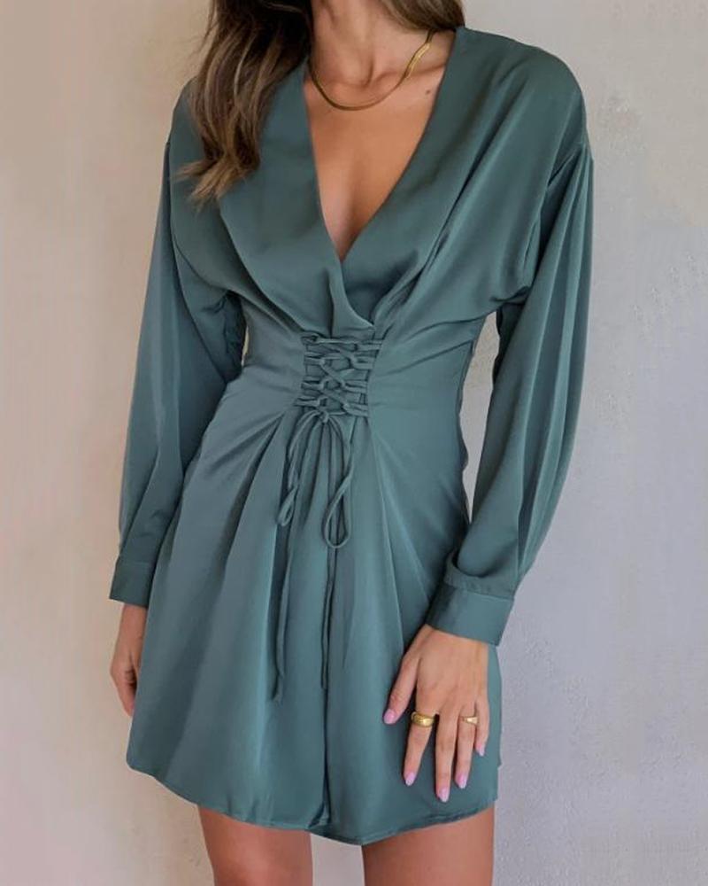 

Satin Ruched Lace-up Casual Dress, Green