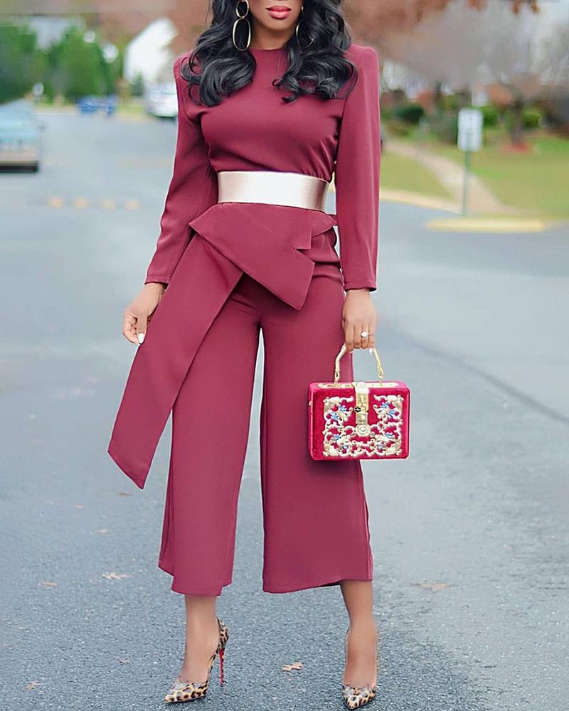 

Long Sleeve Wide Leg Asymmetrical Jumpsuit Without Belt, Dark red