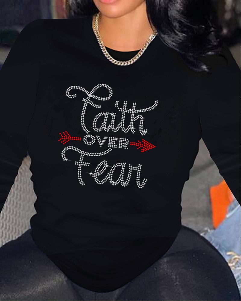 

Plus Size Rhinestone Letter Pattern Long Sleeve Top, Black