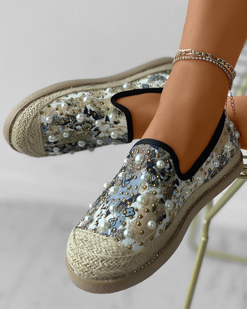 

Beaded Studded Decor Woven Flax Slip On Shoes, Gray