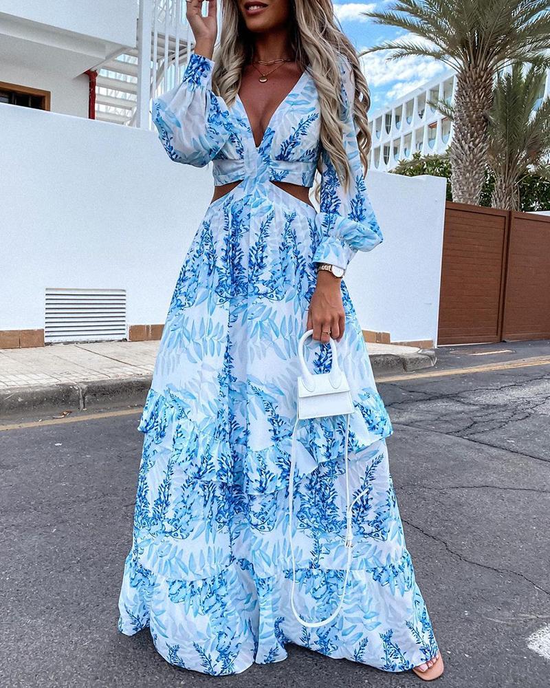 

Floral Print Cutout Waist Lantern Sleeve Maxi Dress, Blue