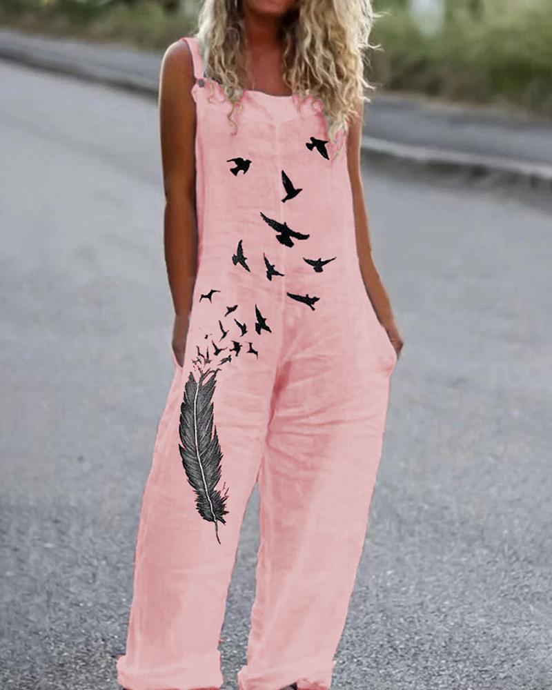 

Bird Feather Print Sleeveless Pocket Design Jumpsuit, Pink