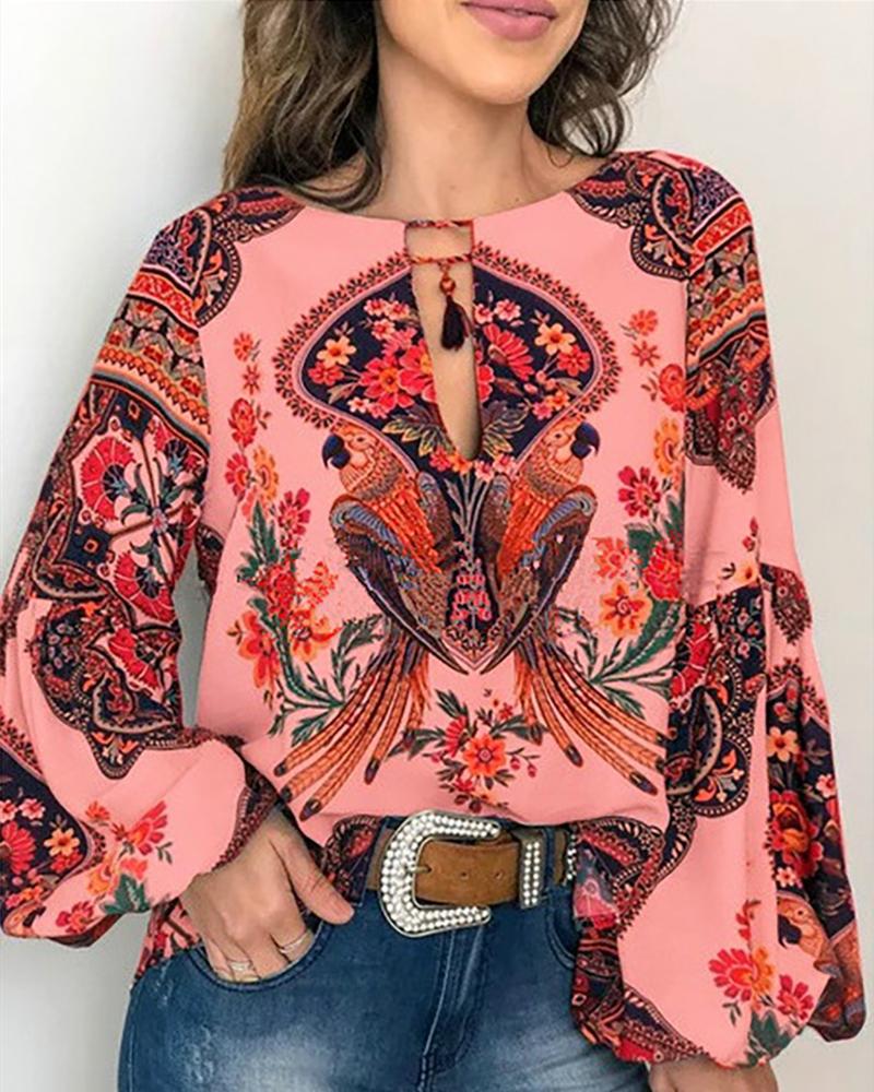 

Bird Floral Print O-neck Lantern Sleeve Top, Red