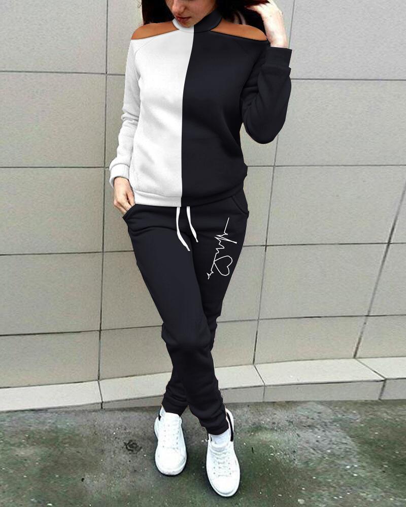 

Colorblock Cold Shoulder Top & Heart Print Sweatpants Set, Blackwhite