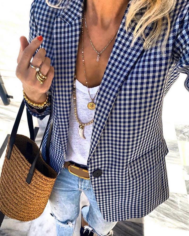 

Plaid Pocket Design Buttoned Blazer Coat, Blue
