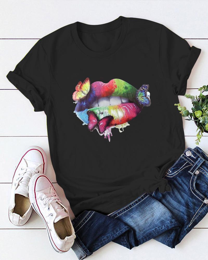 

Butterfly Lip Print Short Sleeve T-Shirt, Black