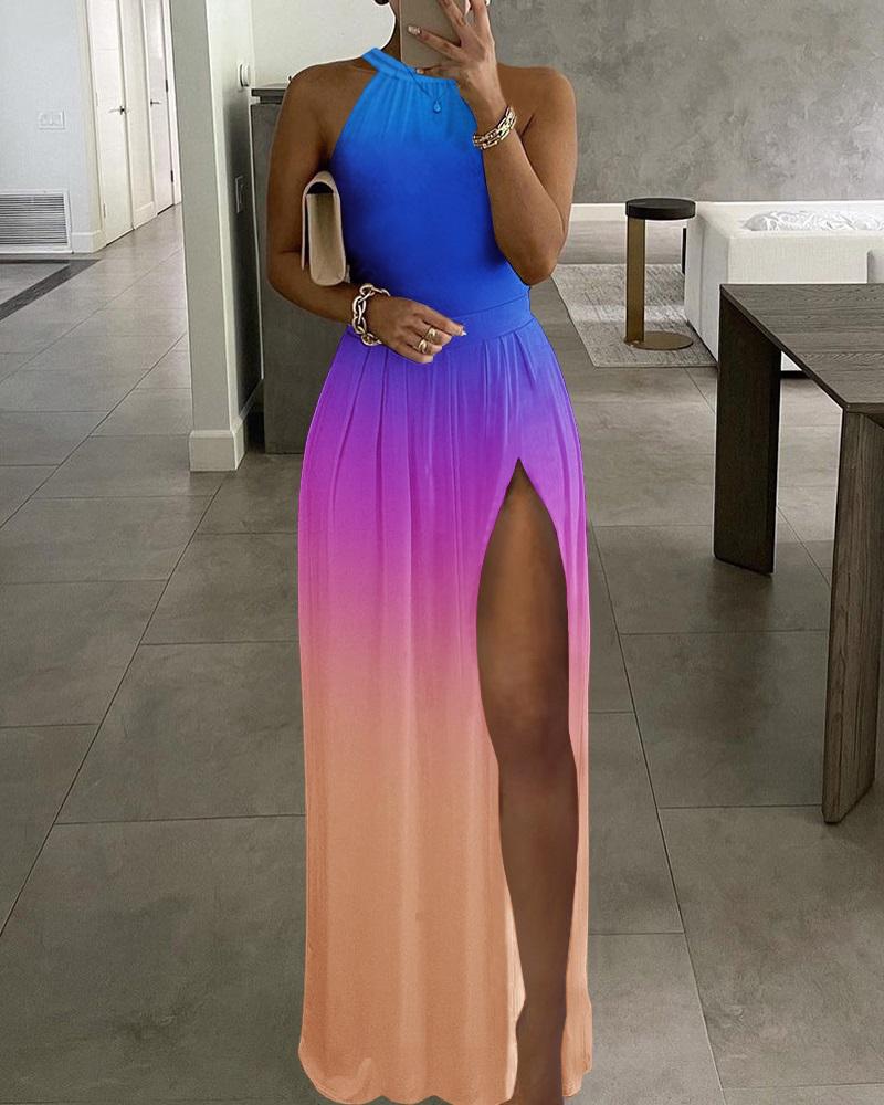 

Ombre Ruched Sleeveless High Slit Maxi Dress, Multicolor