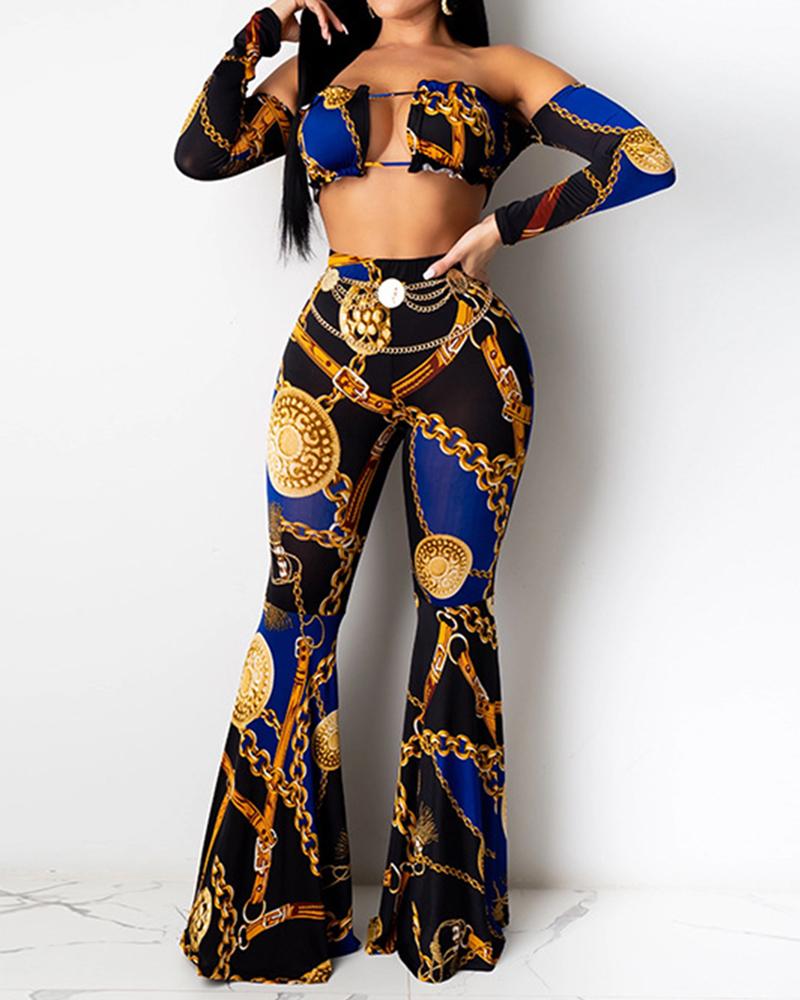 

Chain Print Cut-out Off Shoulder Long Sleeve Skinny Cropped Top With Flared Pants Suit Sets, Multicolor