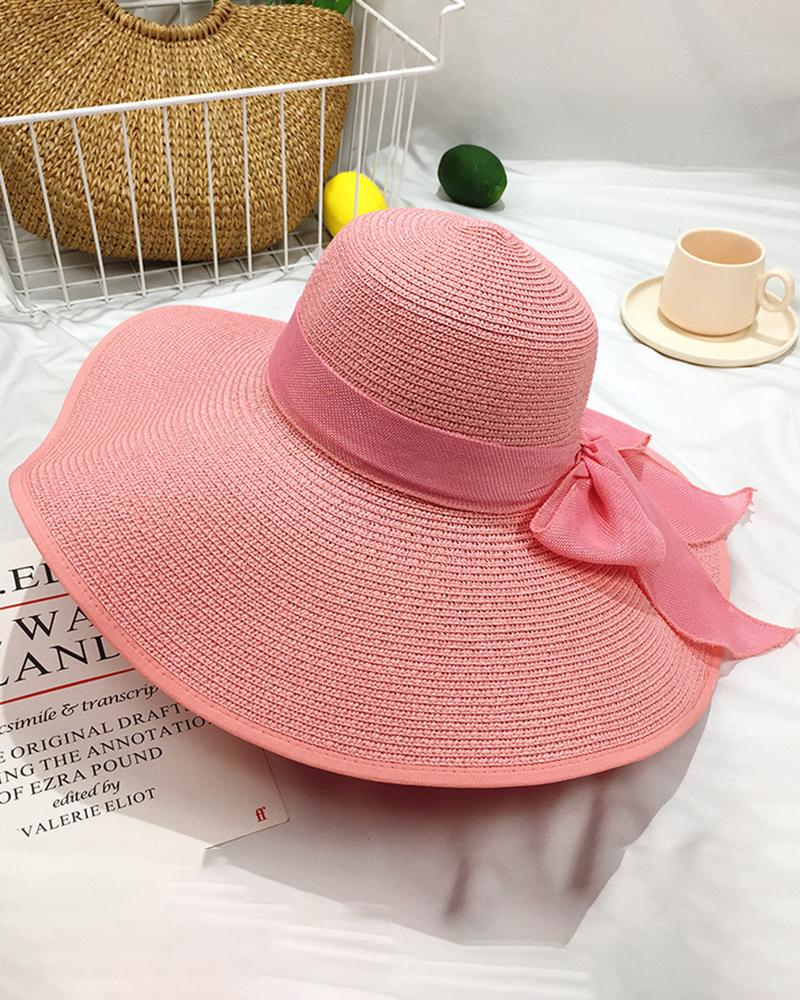 

Tied Detail Wide Brim Beach Straw Sun Hat, Pink