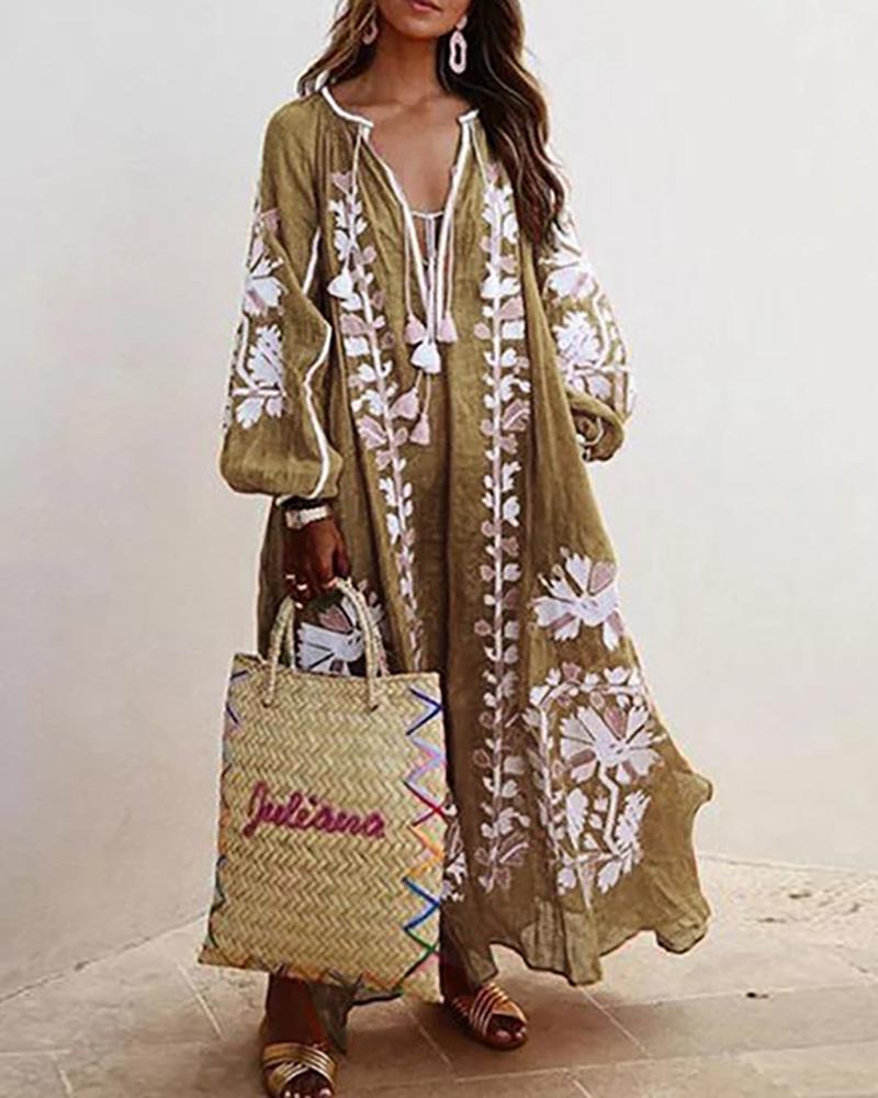 

V Neck Floral Print Long Sleeve Casual Dress, Khaki