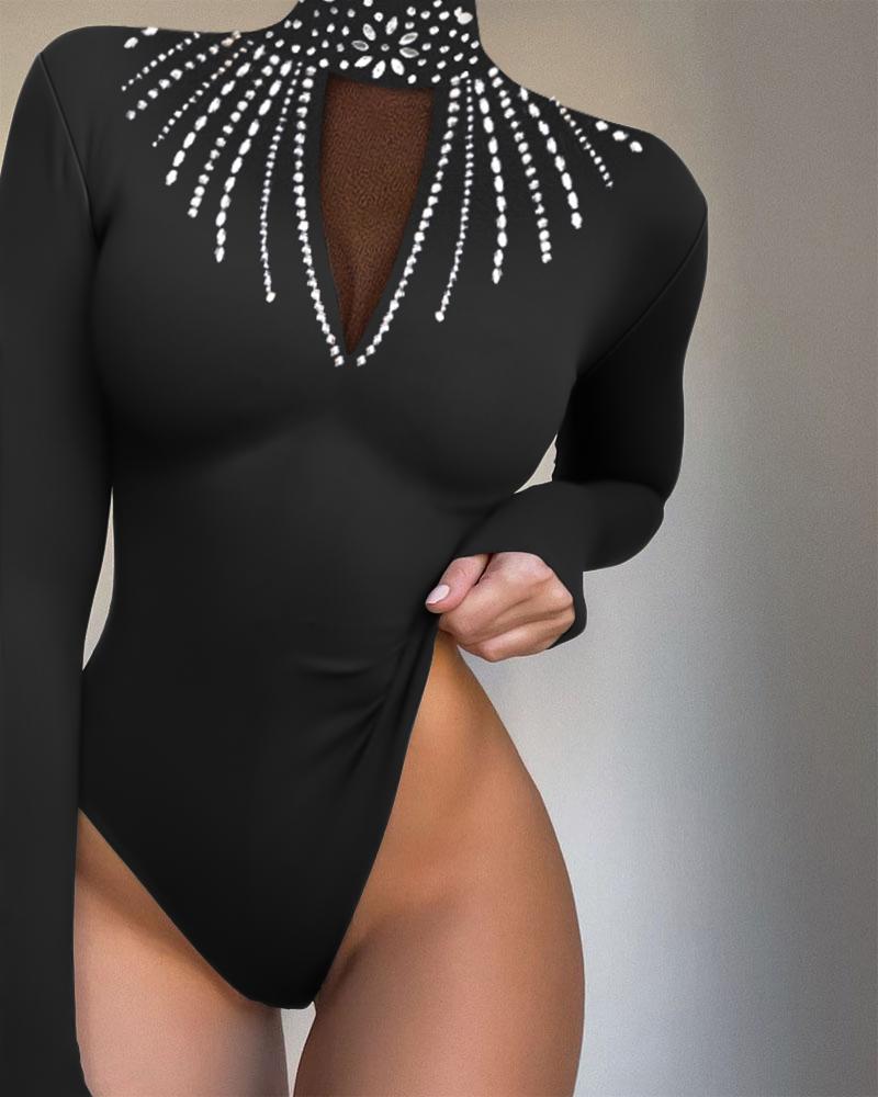 

Rhinestone Decor Contrast Mesh Bodysuit, Black