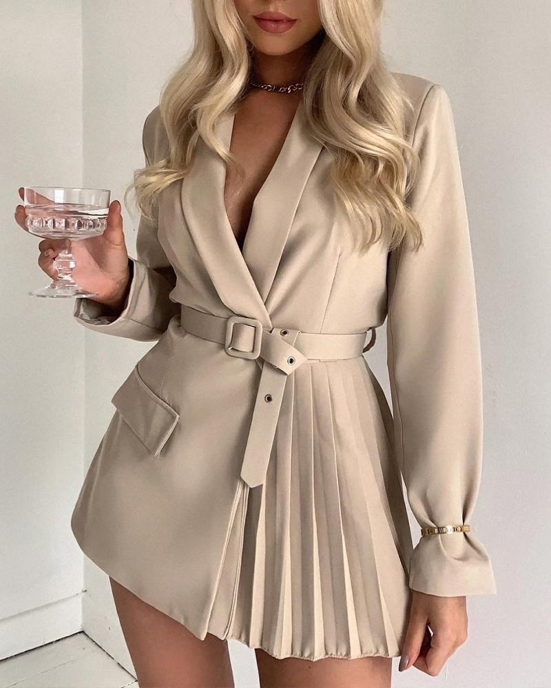 

Long Sleeve Pleated Detail Blazer With Belt, Khaki