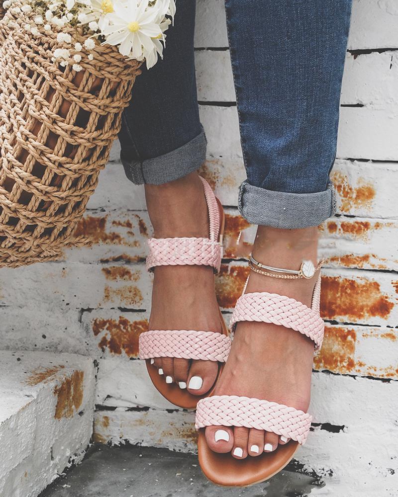 

Solid Woven One Banded Open-toe Flat Sandals, Pink