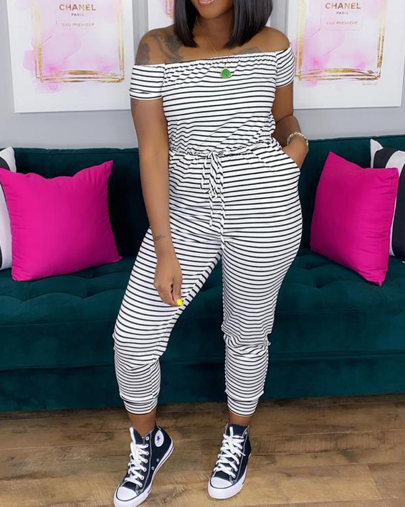 

Striped Print Off Shoulder Drawstring Jumpsuit, White