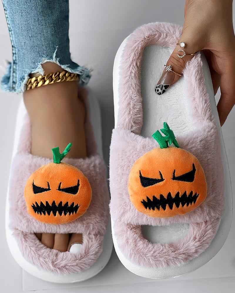 

Halloween Pumpkin Pattern Fuzzy Slippers, Pink