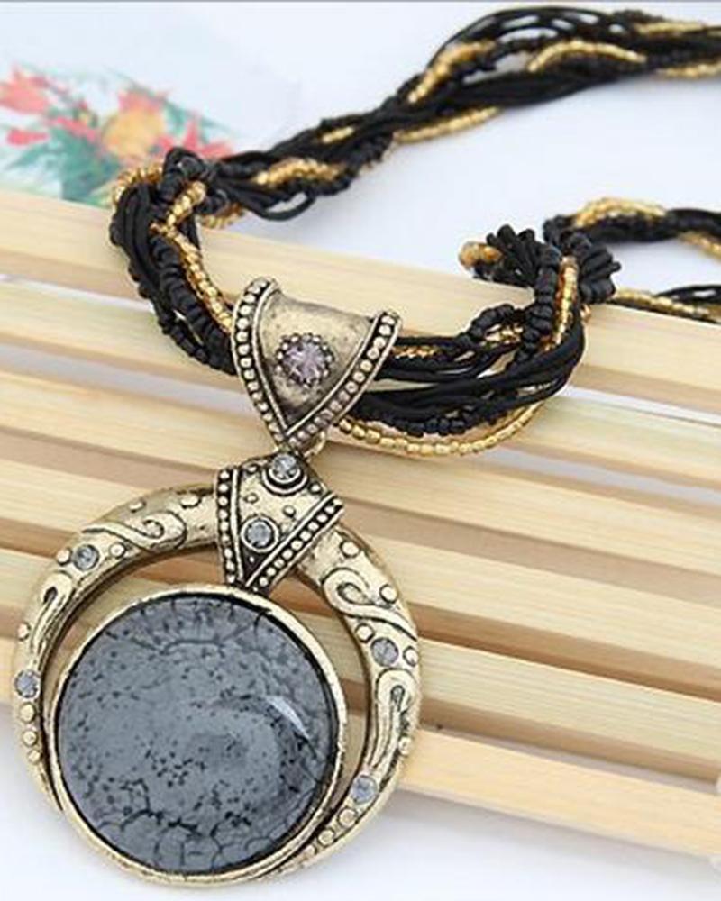

1pc Bohemian Round Shaped Gem Stone Pendant Necklace, Black