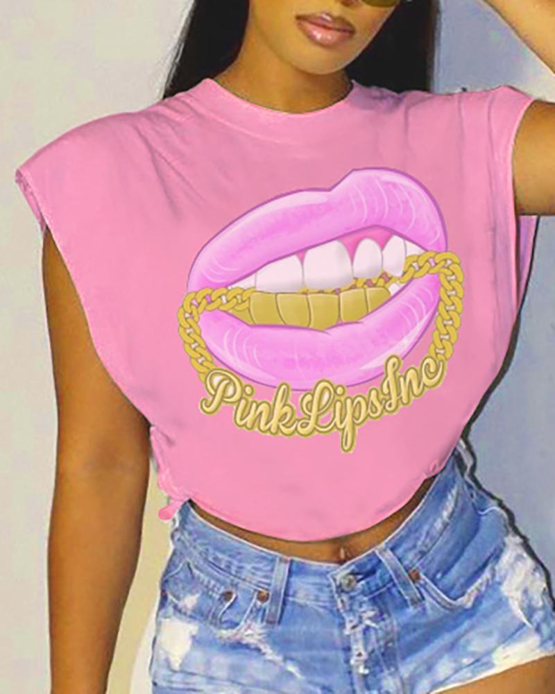 

Lip Print Cap Sleeve T-shirt, Pink