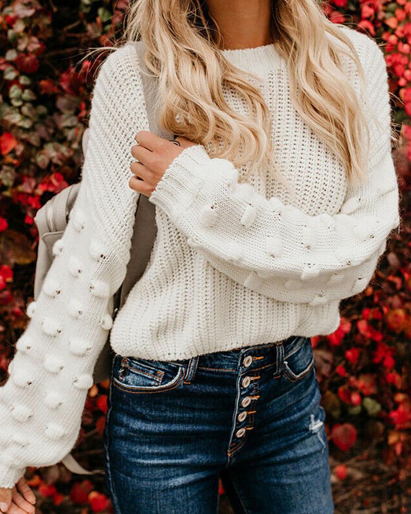 

Solid Long Sleeve Loose Knitted Cropped Sweater, White