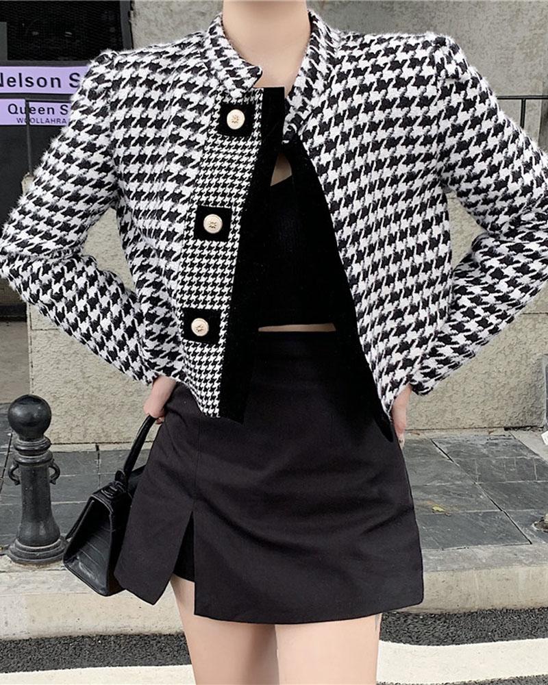

Houndstooth Print Button Front Crop Tweed Coat, Black&white