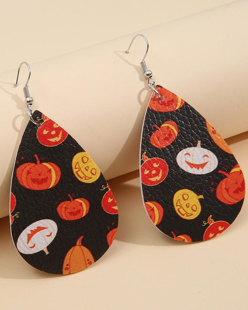 

1Pair Halloween Pumpkin Print Water Drop Earrings, Black