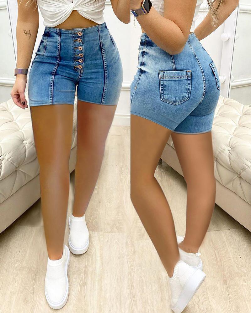 

Button Front Pocket Design Denim Shorts, Blue
