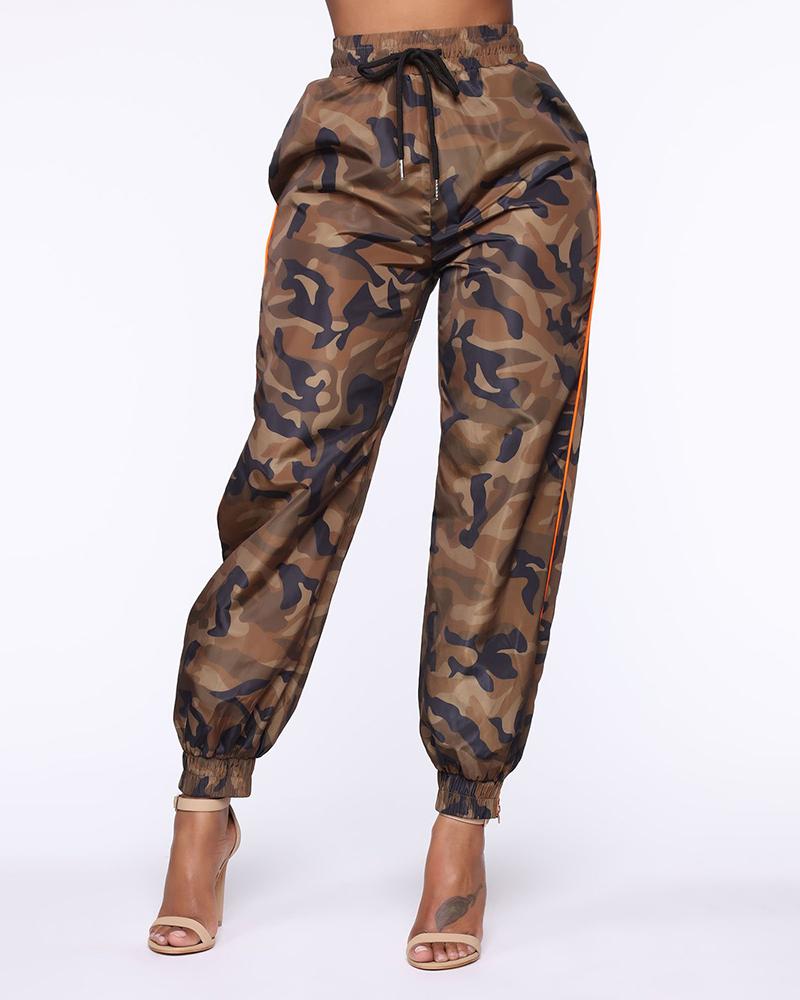 

Camouflage Print High Waist Harem Pants, Brown