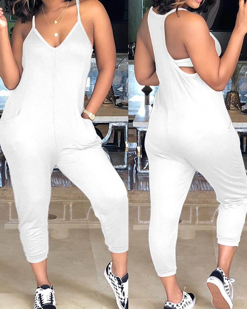 

Pocket Design Spaghetti Strap Jumpsuit, White
