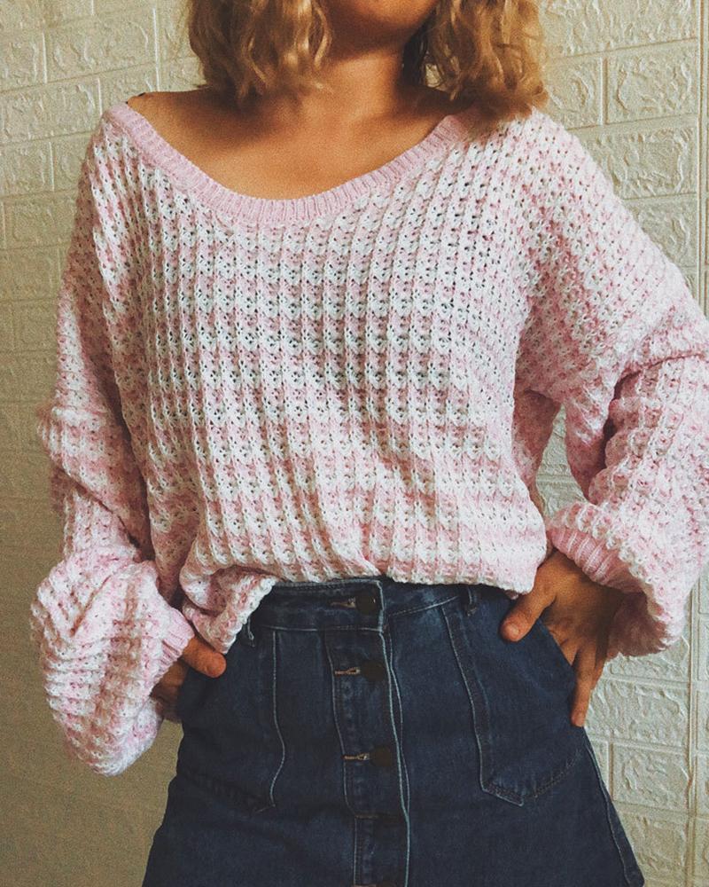 

V Neck Lantern Sleeve Striped Print Knit Sweater, Pink