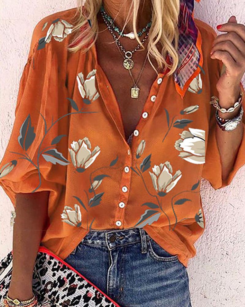 

Floral Print Button Front Lantern Sleeve Shirt, Orange