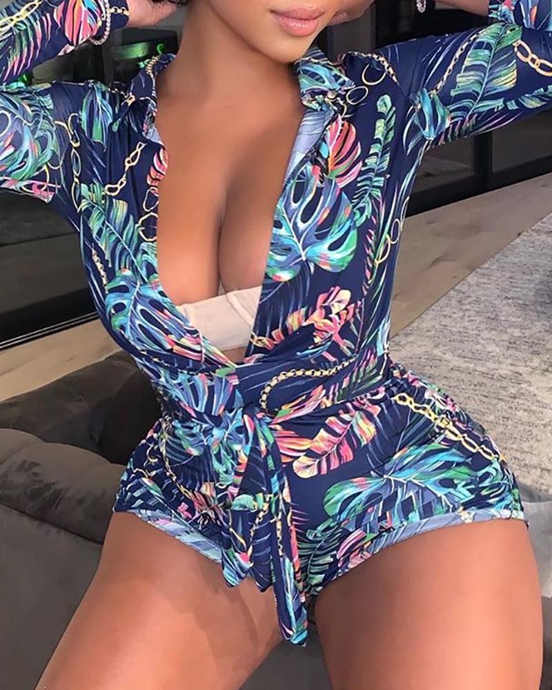 

Floral Print Deep V Neck Romper, Blue